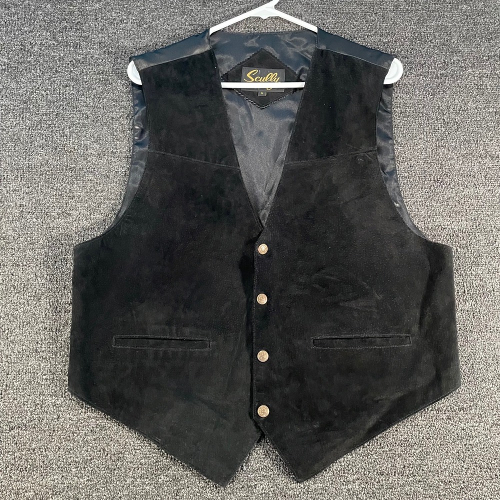 Scully Suede Leather Vest Mens Large Black Good Western Cowboy Satin Back Cinch